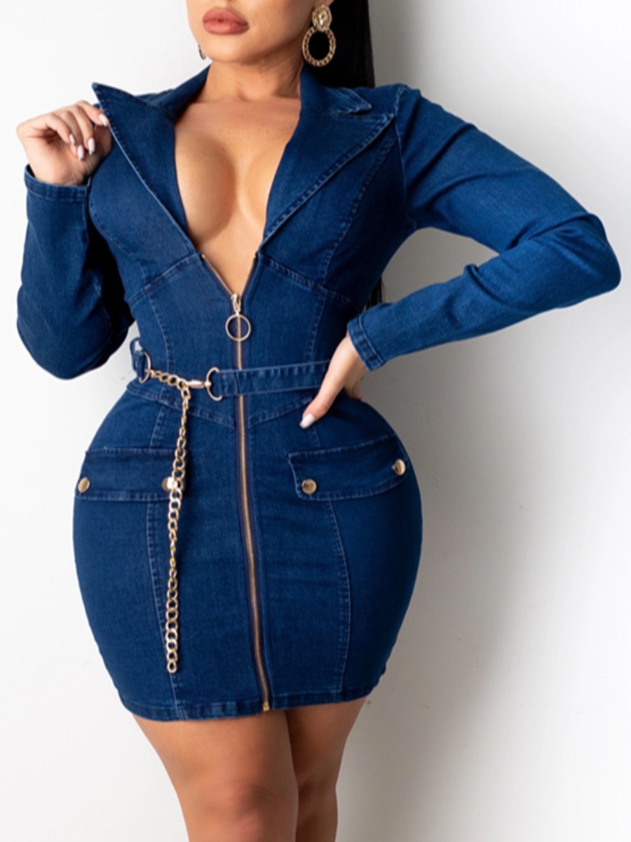 

LW Sweet Turndown Collar Metal Accessories Decoration Blue Mini Denim Dress