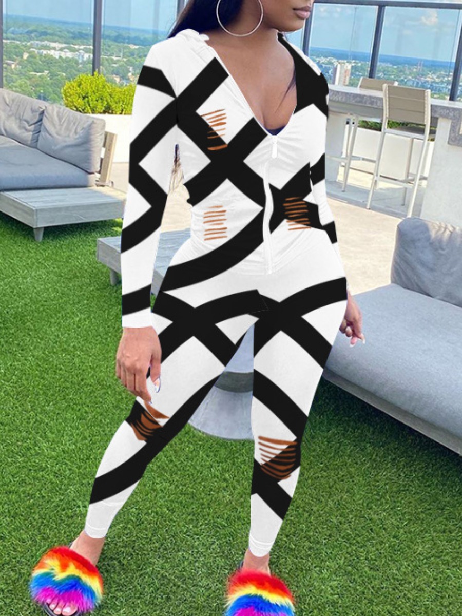 

Lovely Casual Geometric Print Ripped White One-piece Jumpsuit