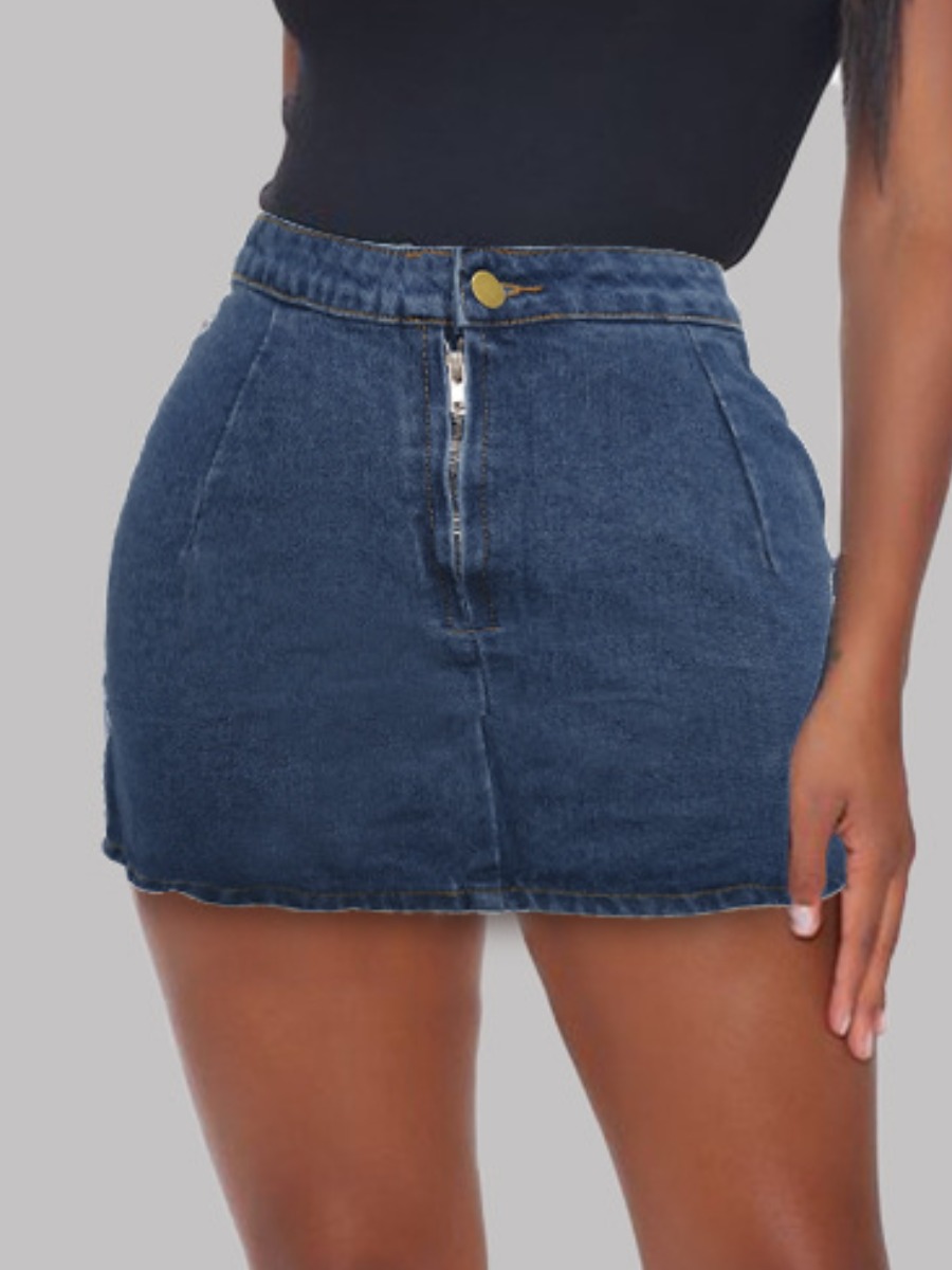 

Lovely Sweet Mid Waist Side Split Blue Denim Skirt