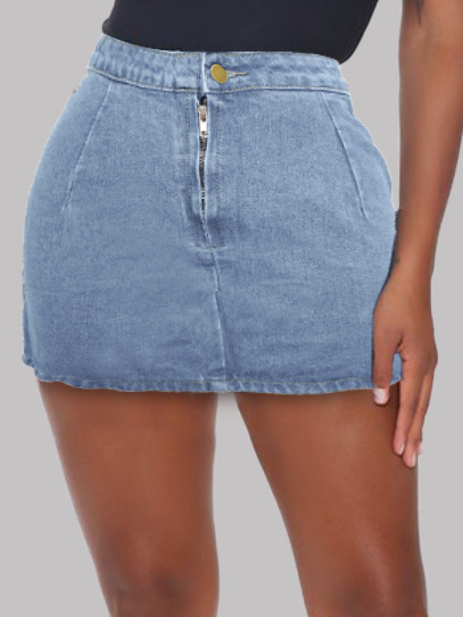 

Lovely Sweet Mid Waist Side Split Baby Blue Denim Skirt