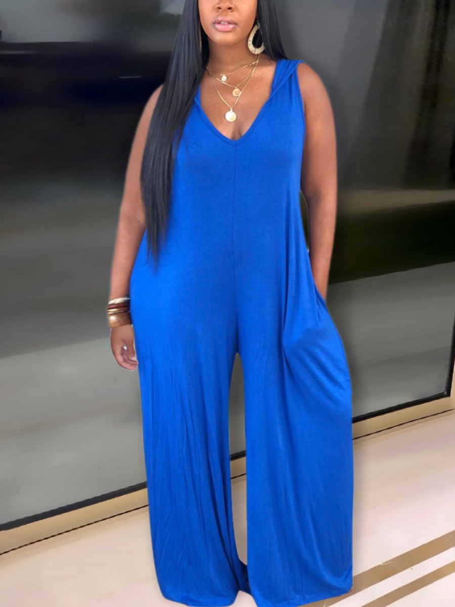

Lovely Casual Hooded Collar Pocket Design Loose Blue One-piece Jumpsuit