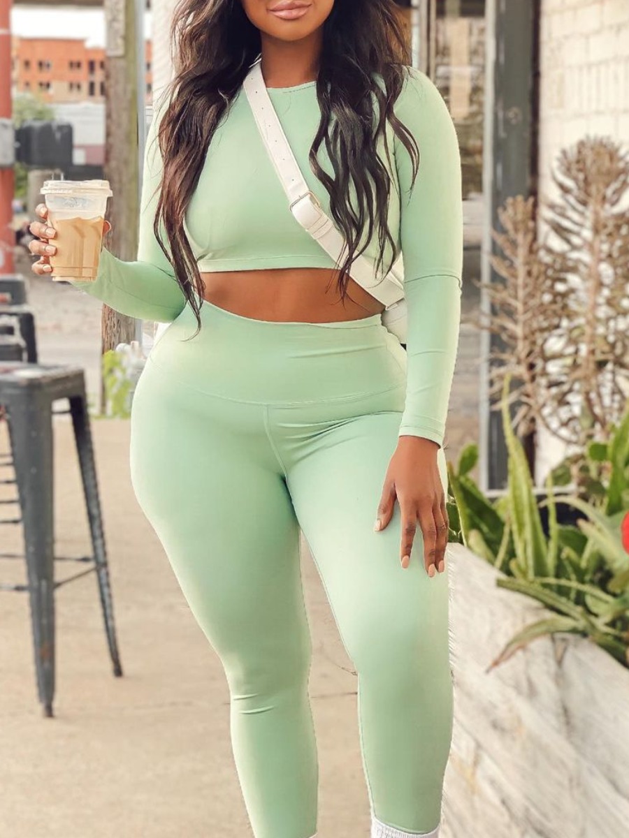 

Lovely Casual O Neck Light Green Plus Size Two-piece Pants Set