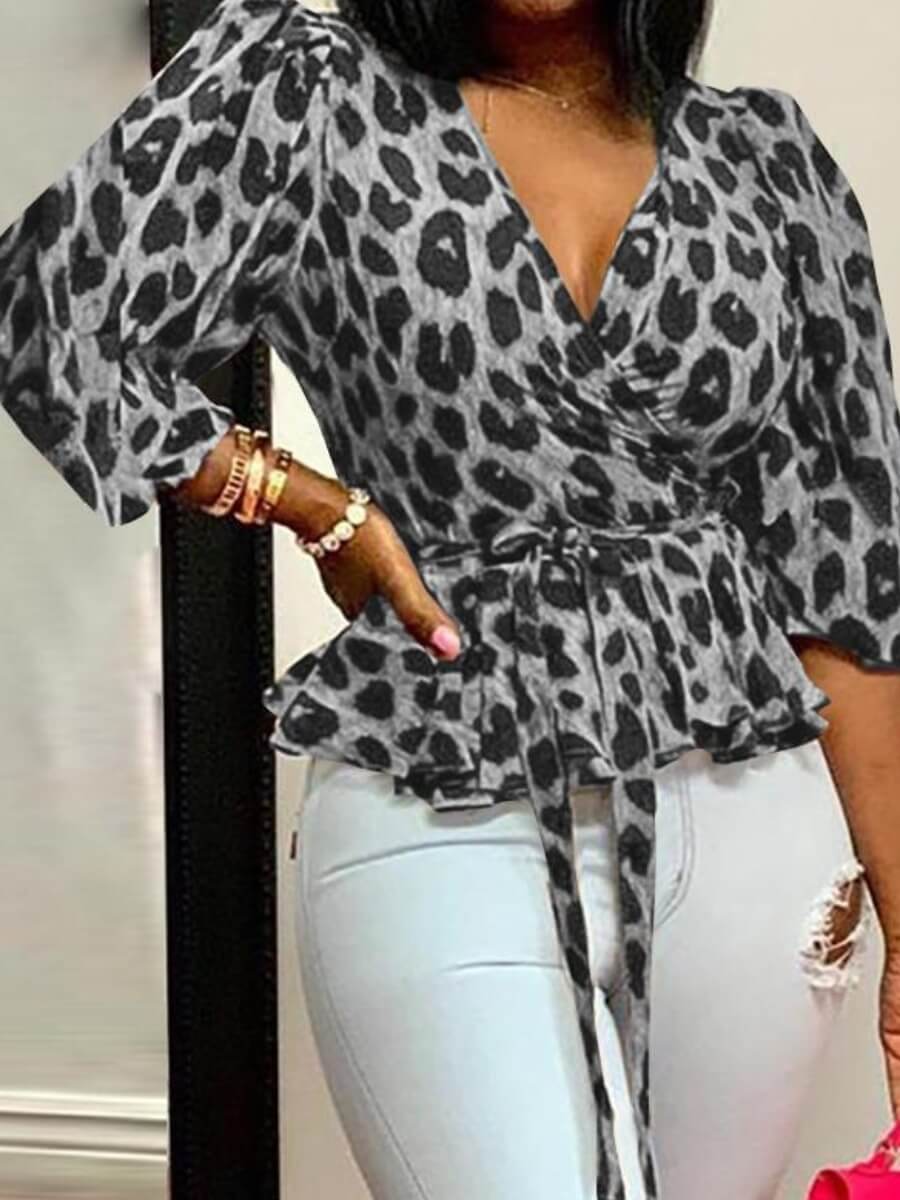 

Lovely Casual Leopard Print Lace-up Ruffle Design Grey Plus Size Blouse