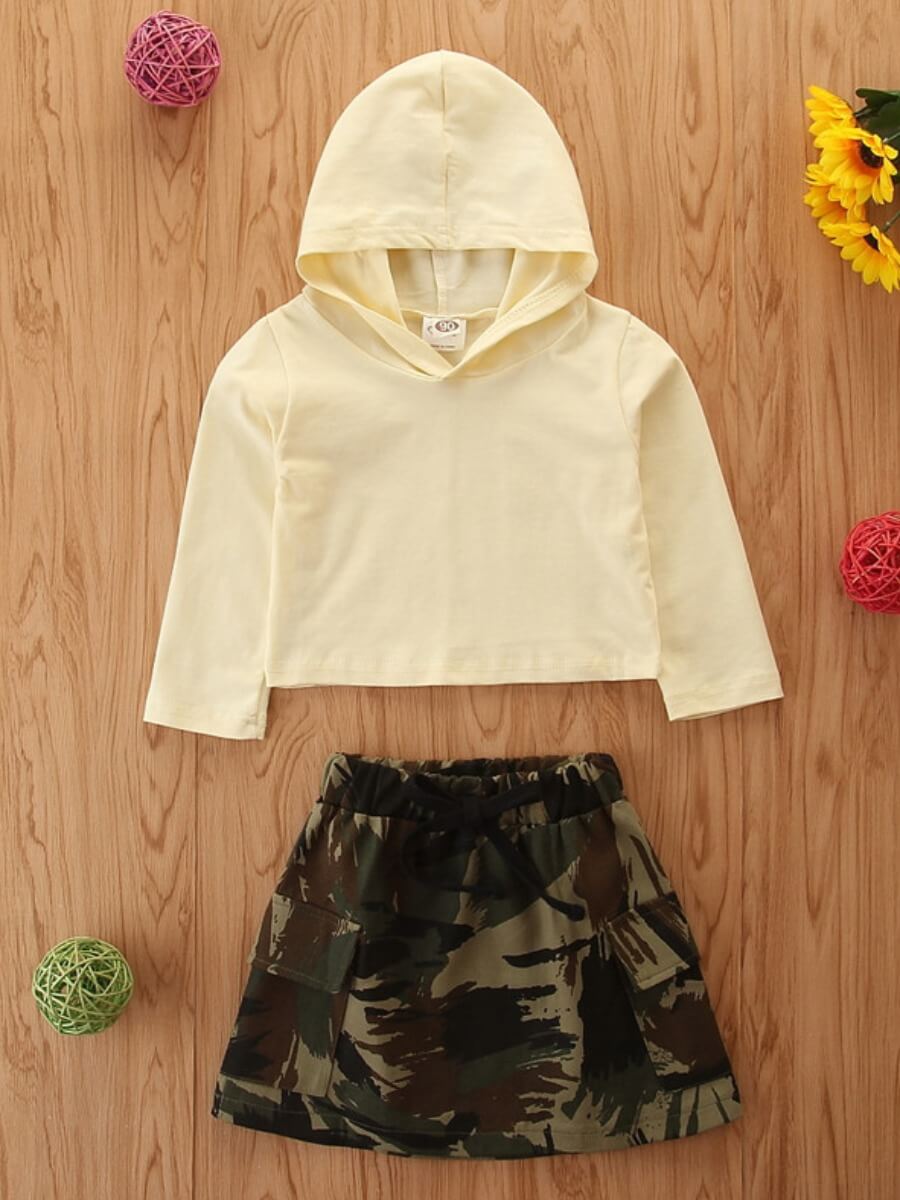 

Lovely Casual Camo Print Pocket Design Army Green Girl Two Piece Skirt Set, Army green camouflag