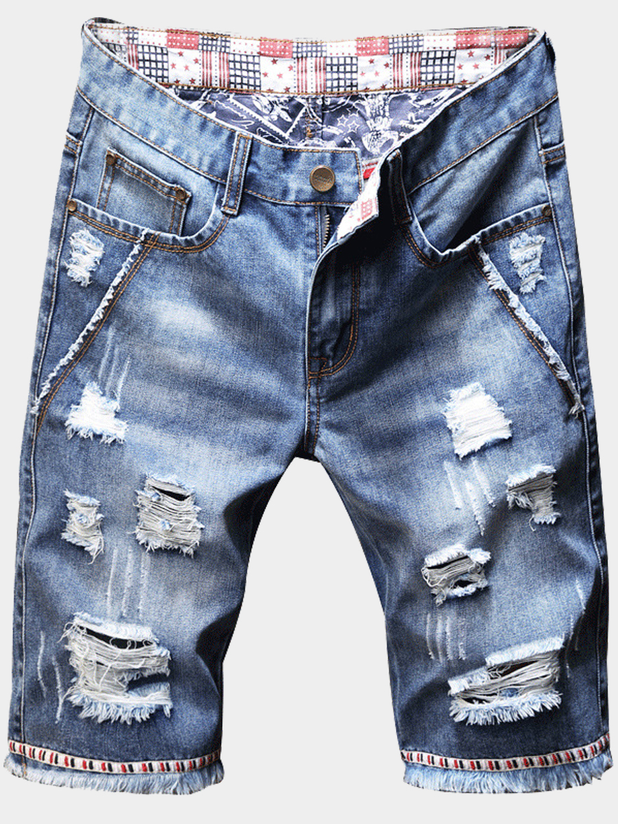 

Lovely Casual Broken Holes Patchwork Blue Men Denim Shorts