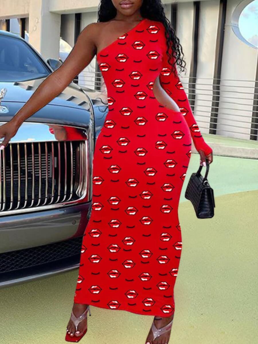 

Lovely Casual One Shoulder Lip Print Red Ankle Length Plus Size Dress