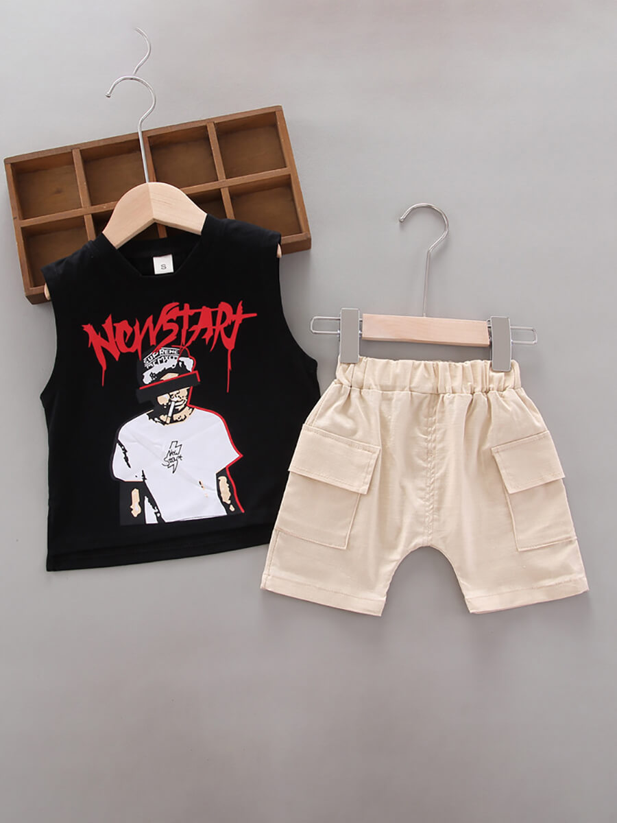 

Lovely Casual Graffiti Print Pocket Design Black Boy Two Piece Shorts Set