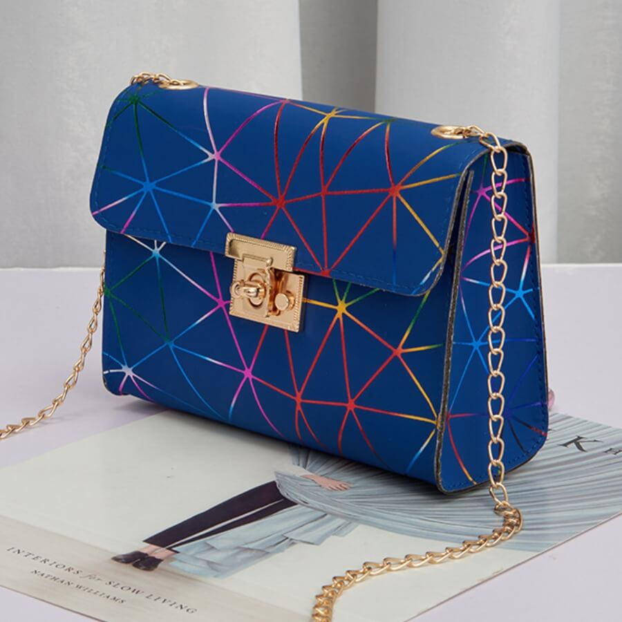 LW Faux Leather Geometric Print Metallic Lock Crossbody Bag