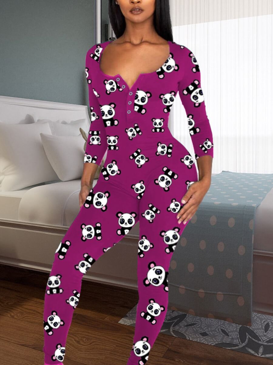 

Lovely Casual Cartoon Print Button Design Purple Sleepwear