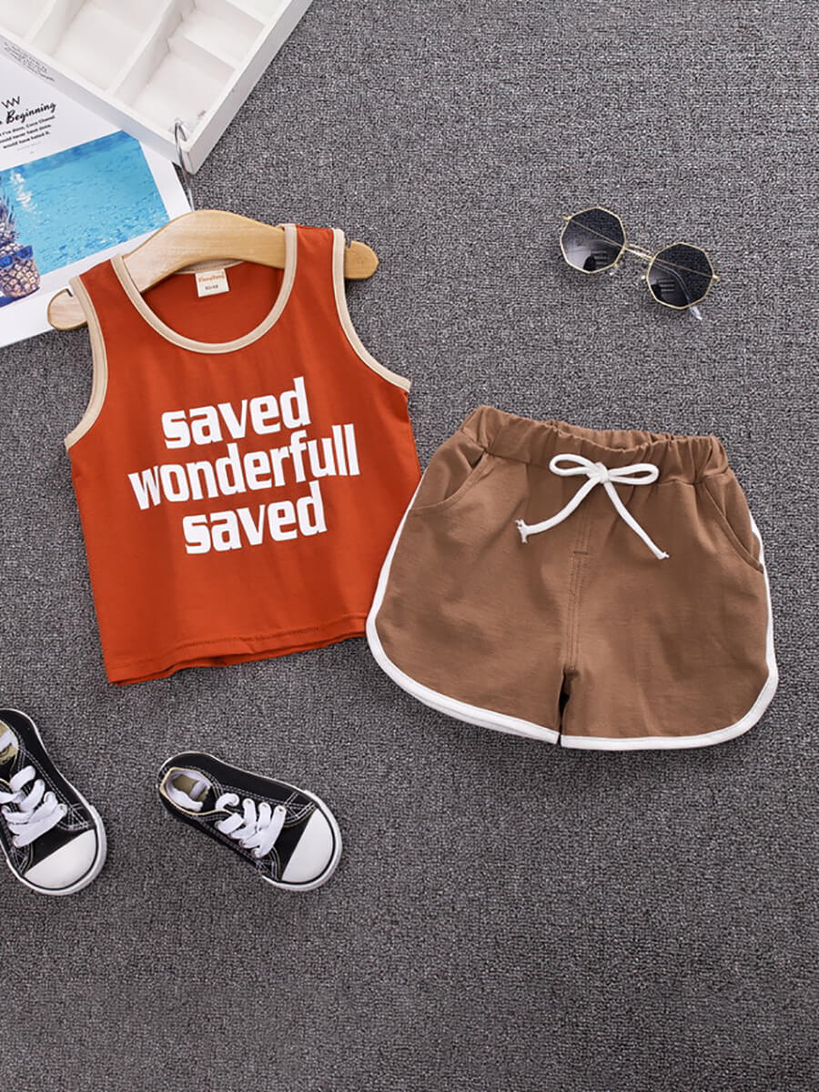 

Lovely Casual Letter Print Patchwork Drawstring Brown Boy Two Piece Shorts Set