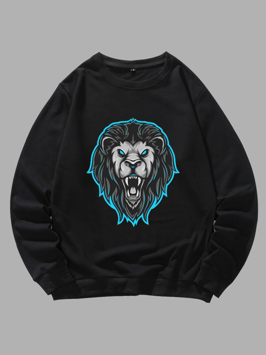 

Lovely Men Casual O Neck Lion Print Black Hoodie