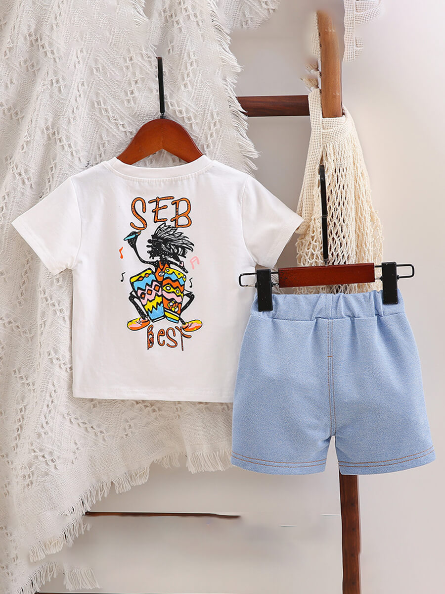 

Lovely Casual O Neck Graffiti Print White Boy Two Piece Shorts Set