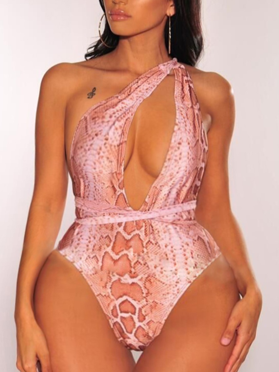 

Lovely Stylish Bandage Hollow-out Design Cobra Print Red One-piece Swimsuit
