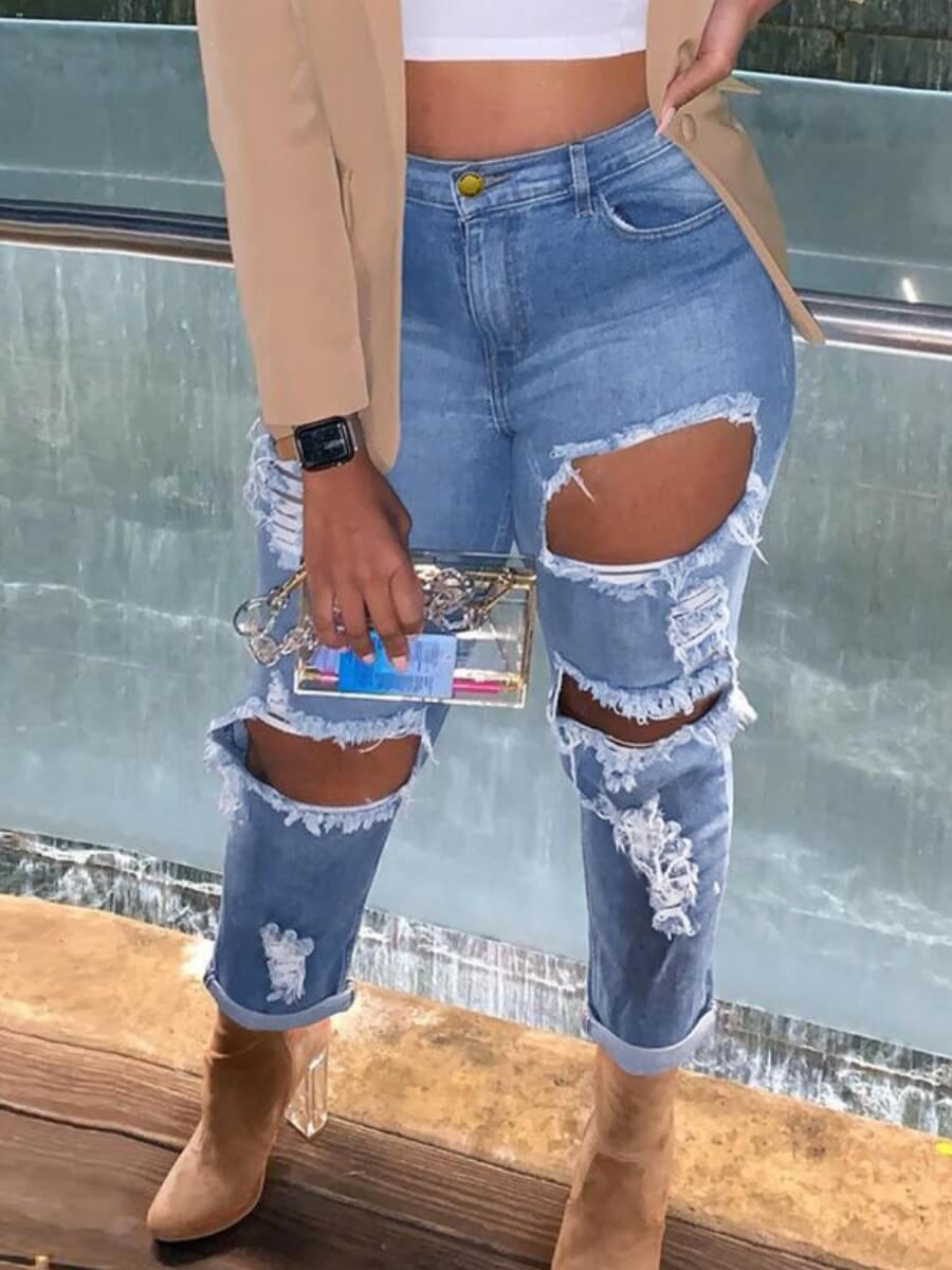 

Lovely Street High-waisted Broken Holes Blue Jeans