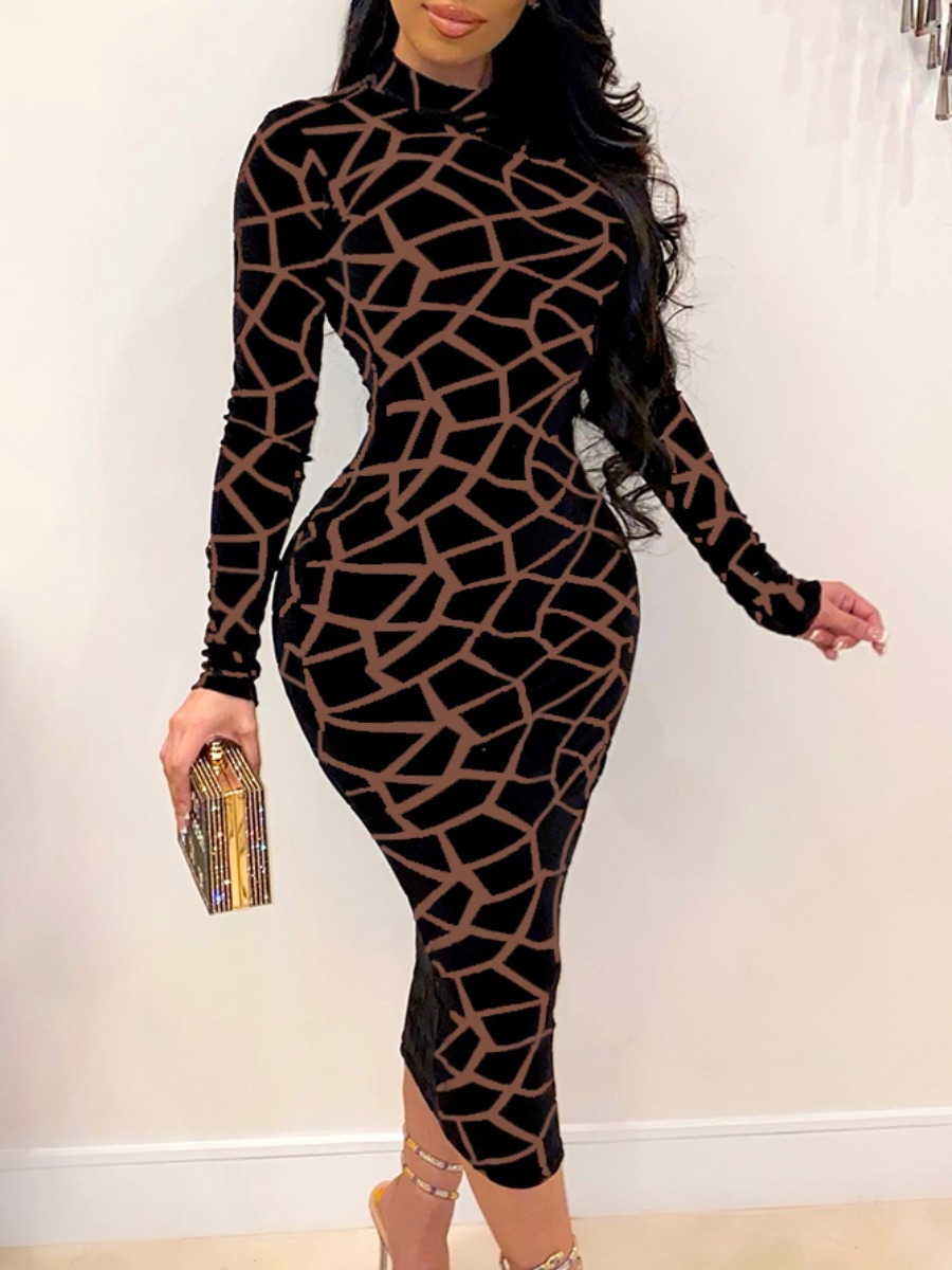 

Lovely Sweet Half A Turtleneck Geometric Print Black Mid Calf Dress(No-positioning Printing)