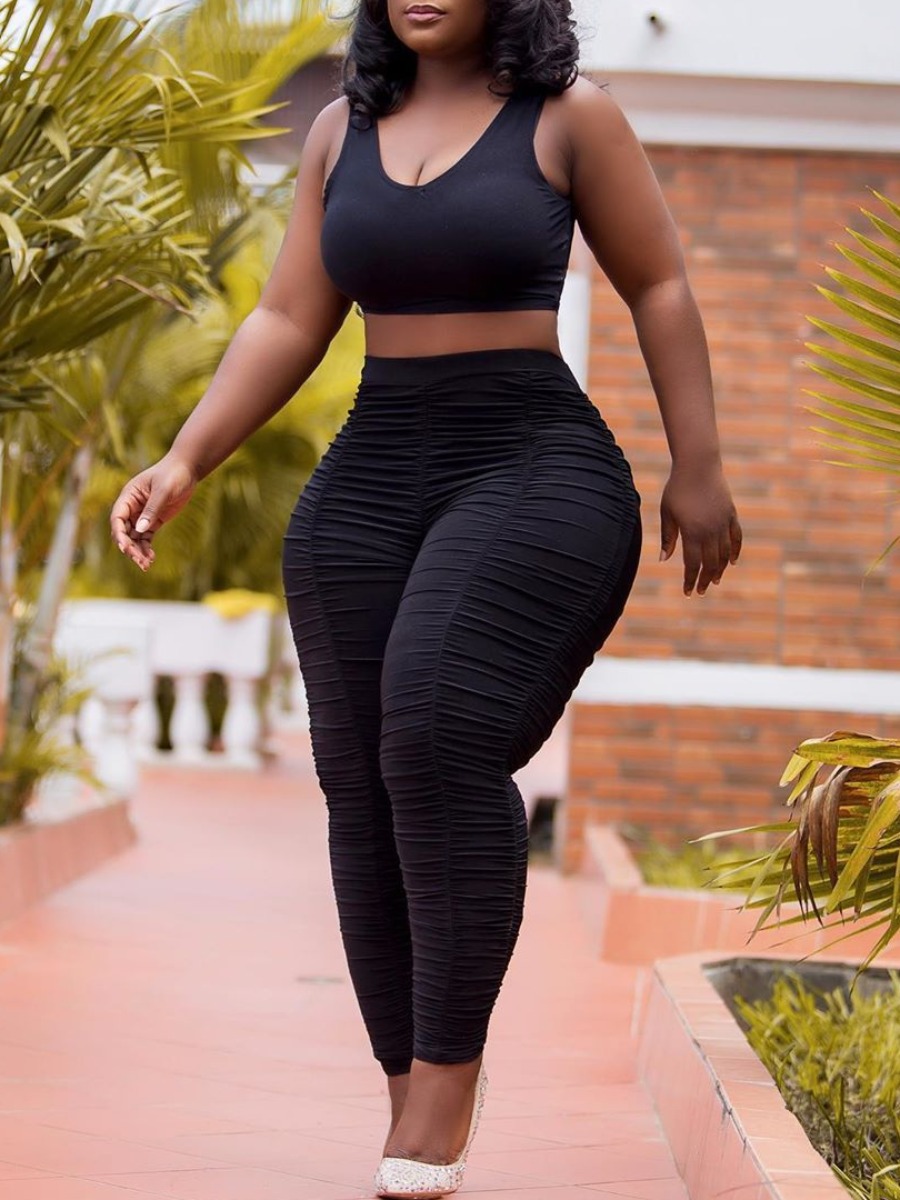 

Lovely Casual U Neck Fold Design Black Two Piece Pants Set