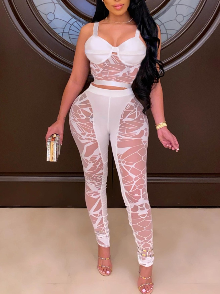 

LW SXY See-through Patchwork Pants Set, White