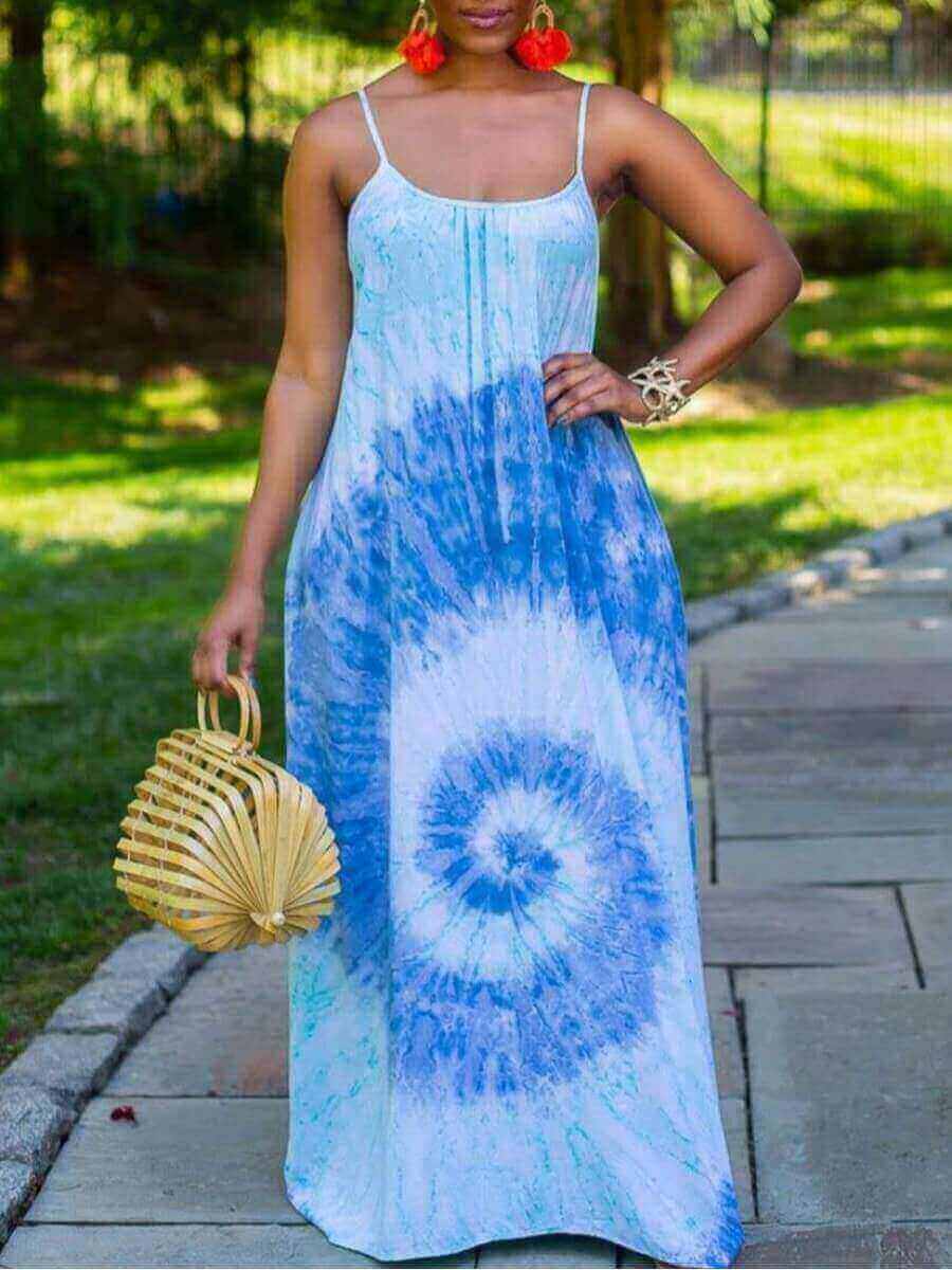 

Lovely Casual Spaghetti Strap Tie-dye Baby Blue Floor Length Dress