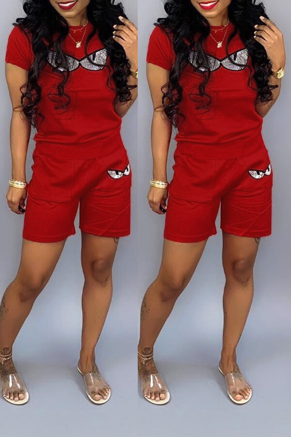 

Lovely Chic Eye Print Red Two-piece Shorts Set