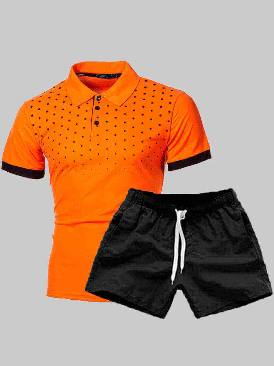 

Lovely Men Casual Dot Print Drawstring Orange Yellow Two Piece Shorts Set