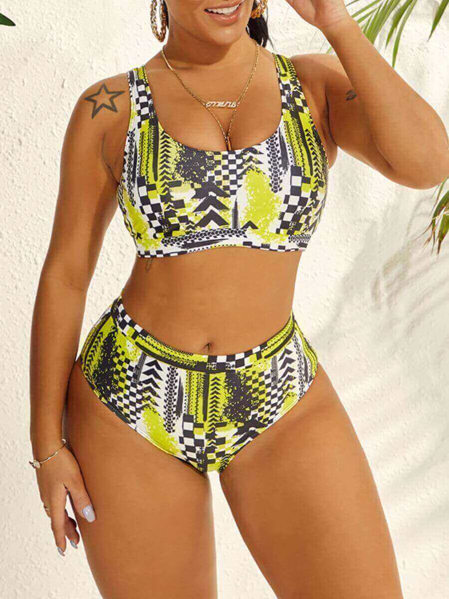 

Lovely Casual U Neck Graffiti Print Yellow Tankini