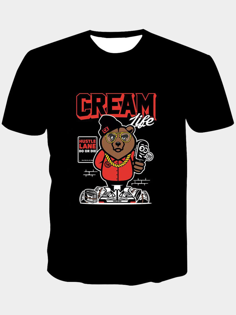 

Lovely Men Casual O Neck Cartoon Letter Print Black T-shirt