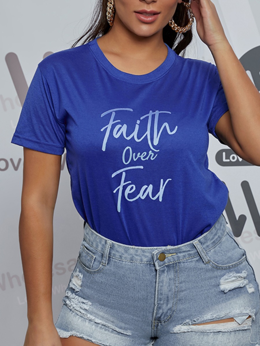 

Lovely Casual O Neck Letter Print Blue T-shirt