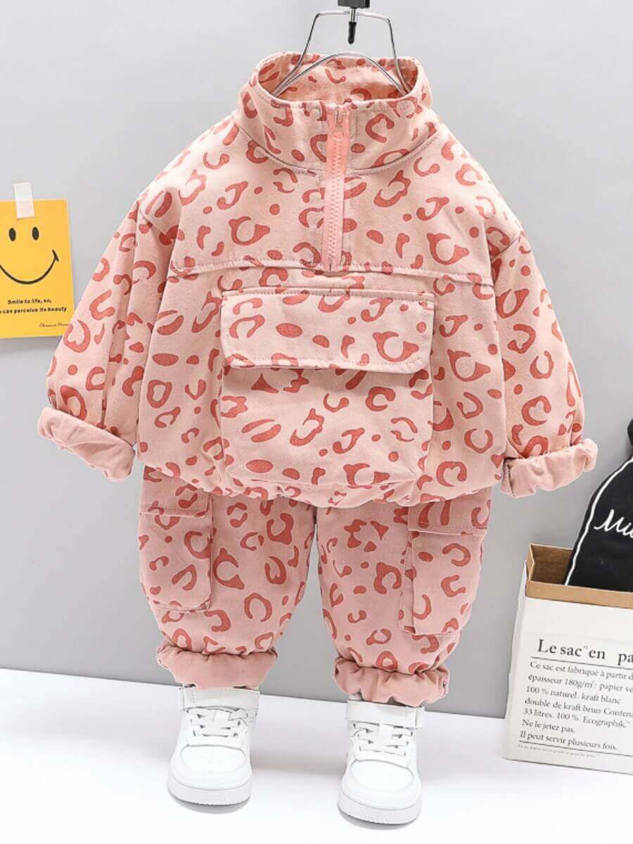

Lovely Girl Sportswear Leopard Print Zipper Design Pink Two Piece Pants Set