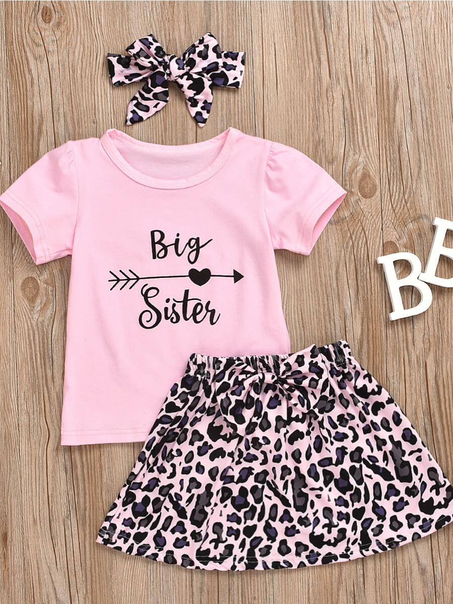 

Lovely Sweet Letter Leopard Print Knot Design Pink Girl Two Piece Skirt Set