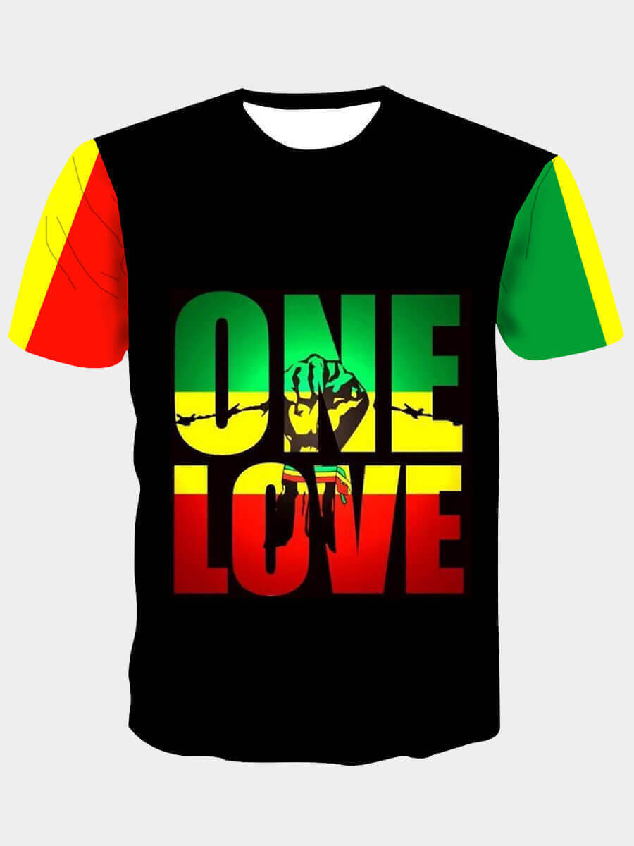 LW Men Casual O Neck Letter Print Patchwork Black T-shirt