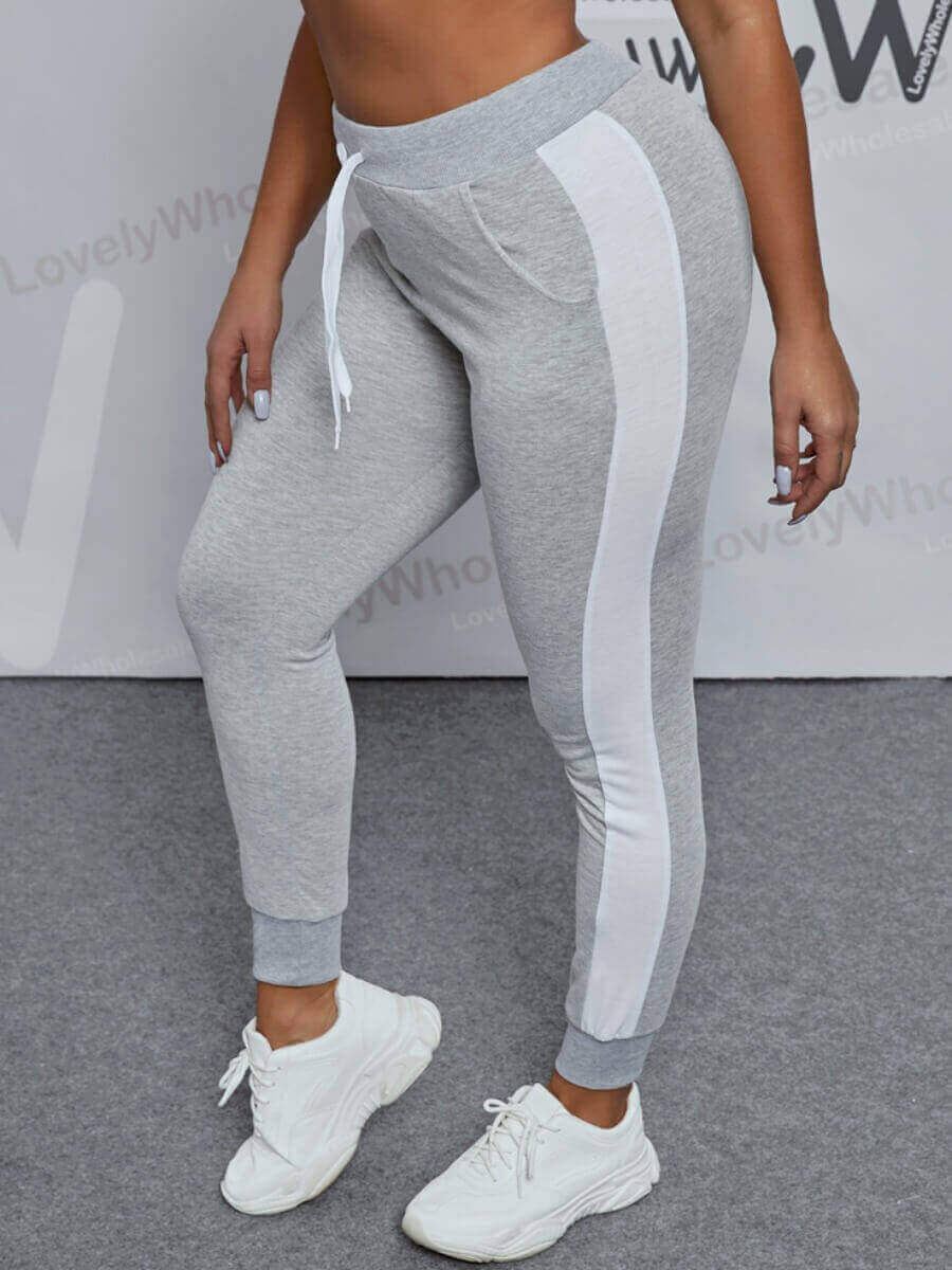 

Lovely Sportswear Patchwork Drawstring White Pants