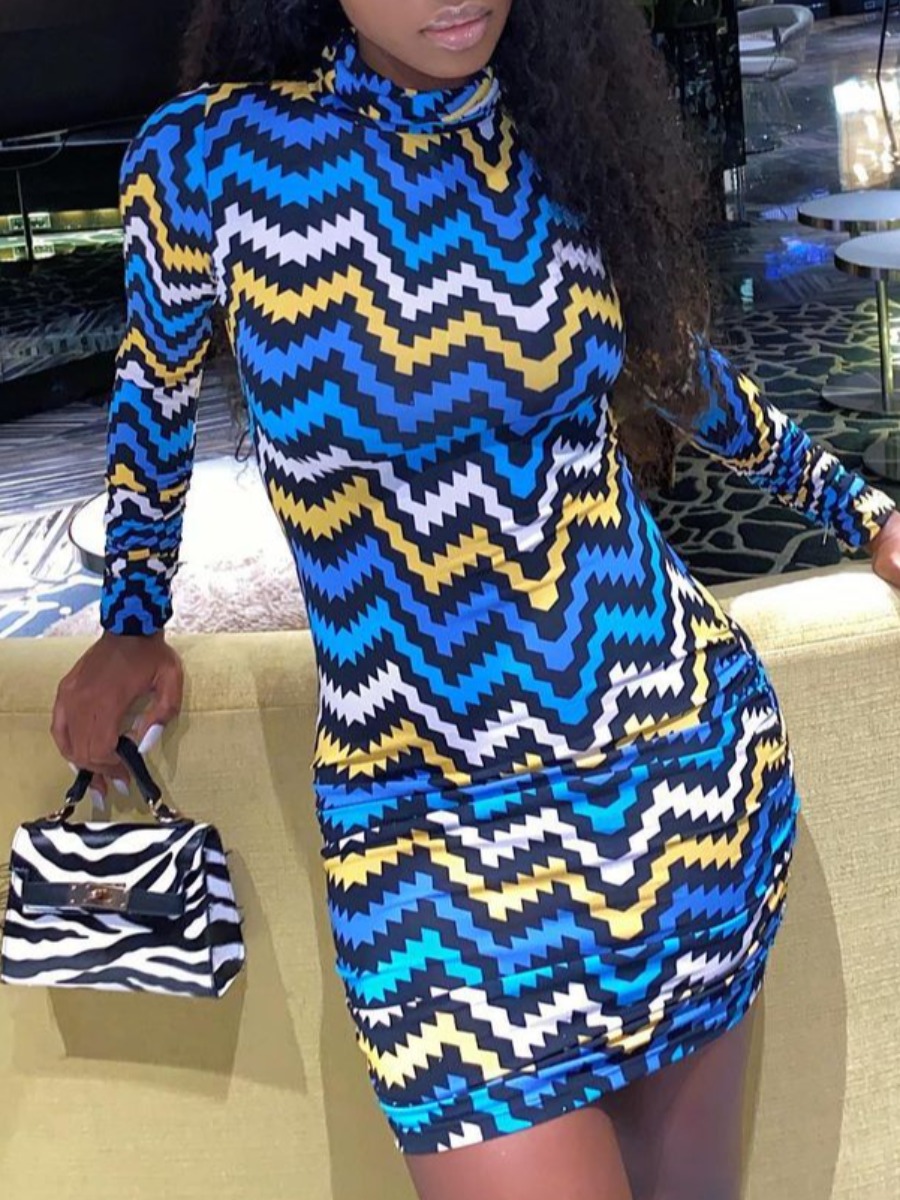 

Lovely Sexy Turtleneck Striped Blue Mini Dress