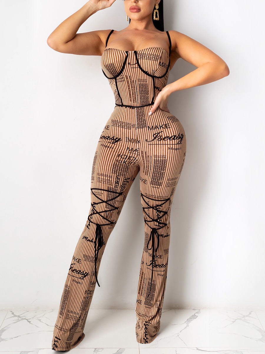 

Lovely Chic Letter Print Bandage Design Brown One-piece Jumpsuit