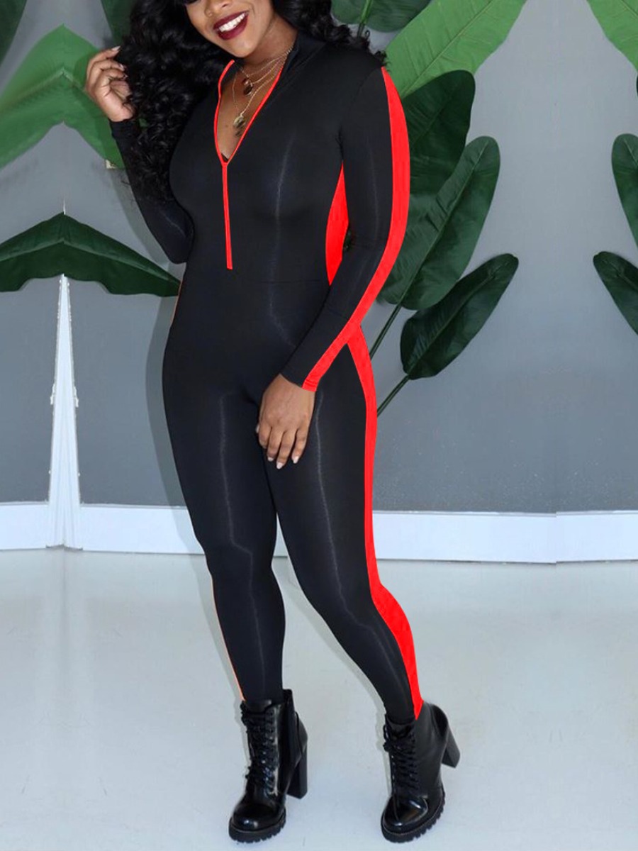 

LW Sportswear Zipper Design Patchwork Red One-piece Jumpsuit