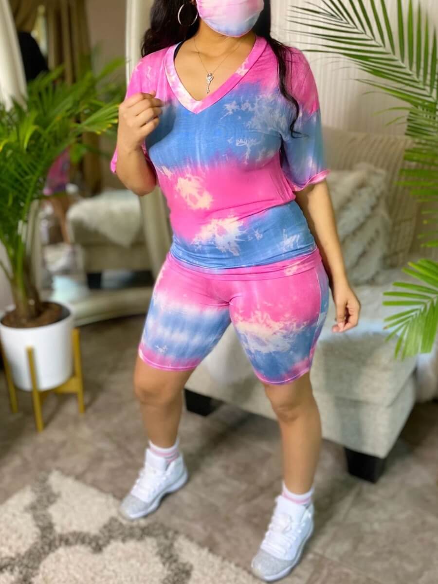 

Lovely Casual V Neck Tie Dye Rose Red Two Piece Shorts Set