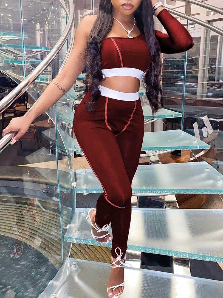 

Lovely Sportswear One Shoulder Striped Purplish Red Two Piece Pants Set