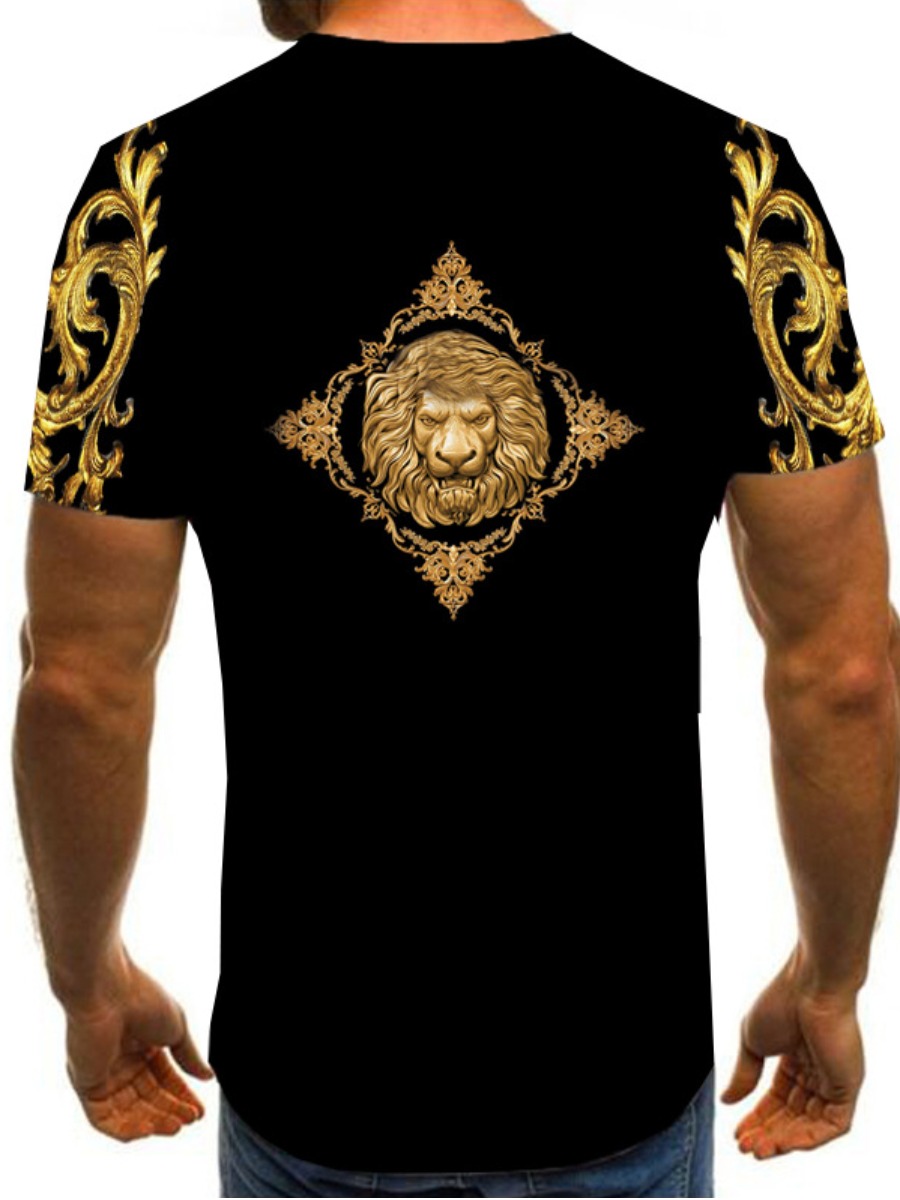 LW BASICS Men Casual O Neck Lion Print Black T-shirt