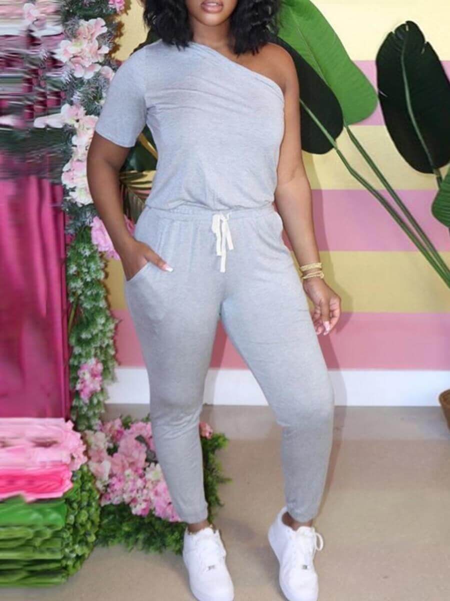 

Lovely Casual One Shoulder Drawstring Grey Plus Size One-piece Jumpsuit