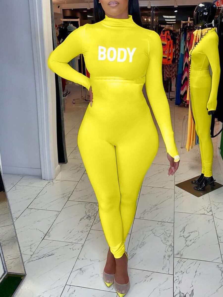 

Lovely Casual Turtleneck Letter Print Yellow One-piece Jumpsuit