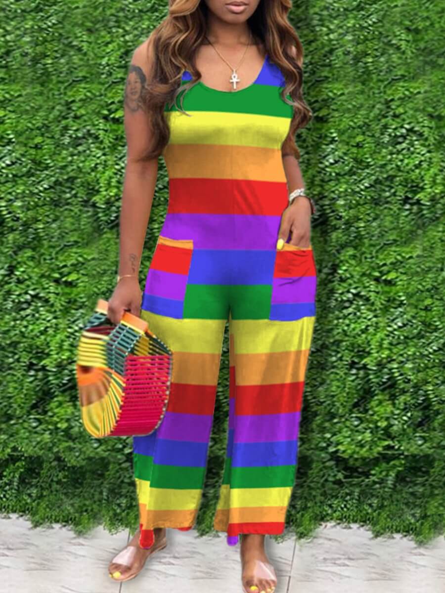 

Lovely Casual U Neck Striped Multicolor One-piece Jumpsuit, Multicolor stripe