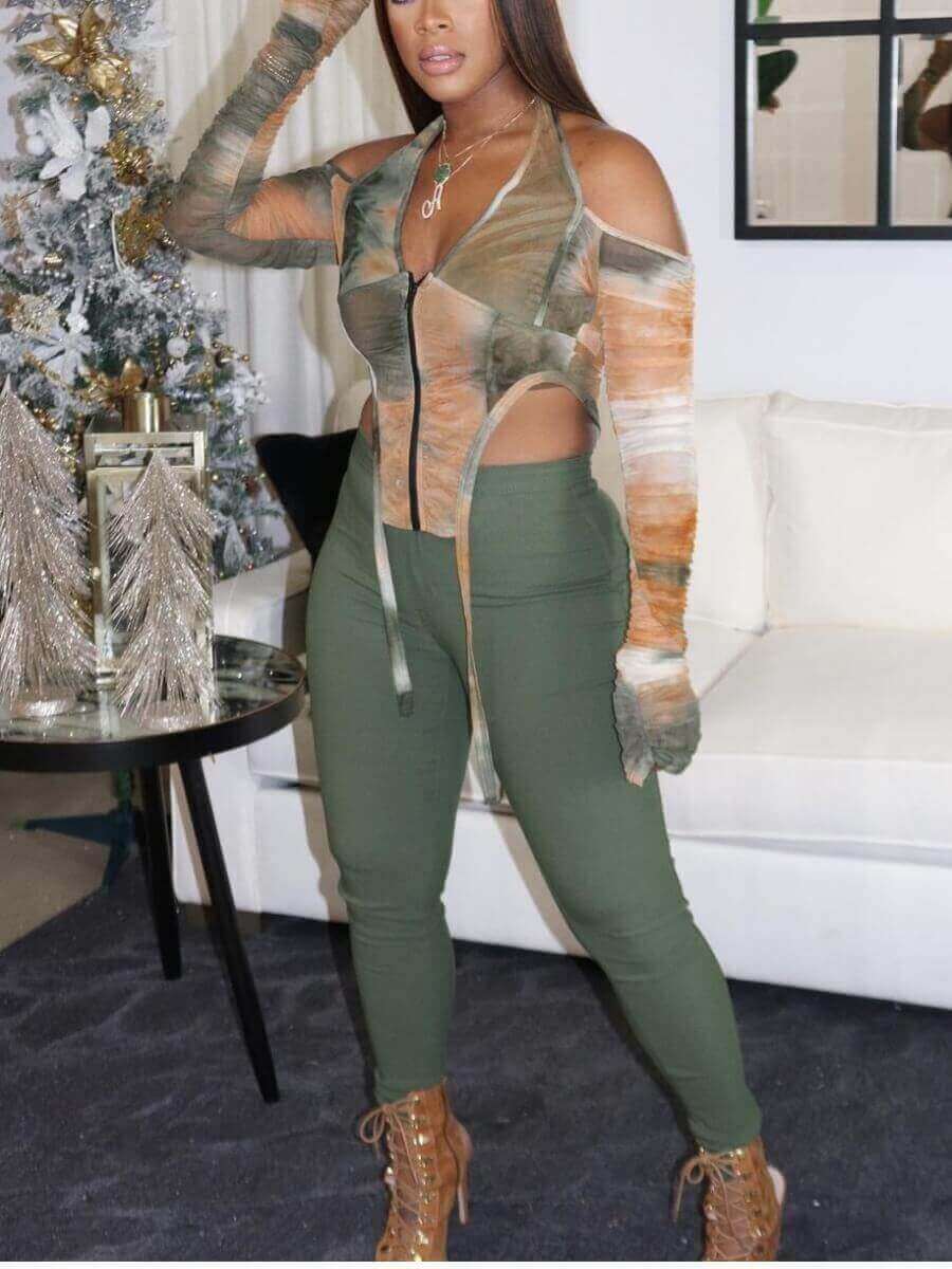

Lovely Street Hollow-out Gradient Asymmetrical Green Two Piece Pants Set