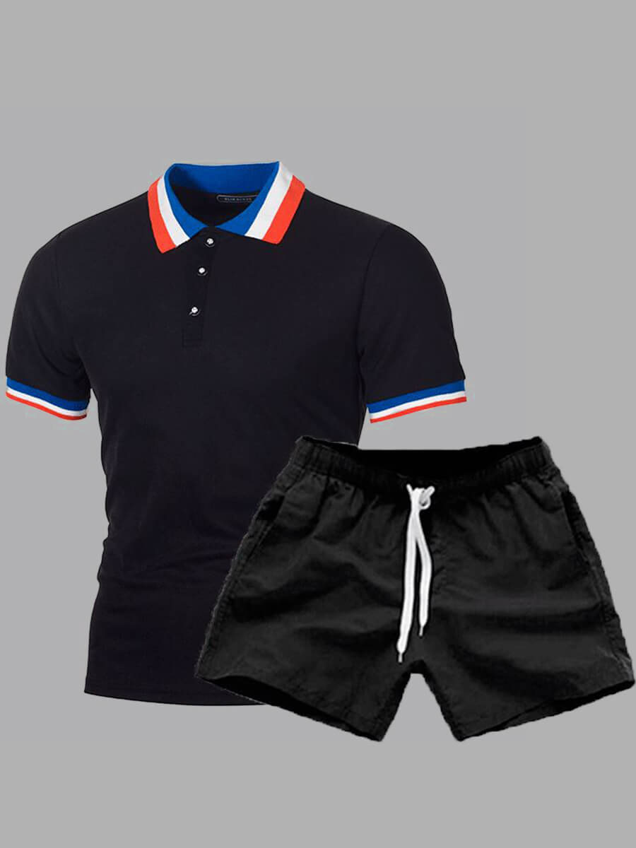 

Lovely Men Casual Turndown Collar Patchwork Drawstring Black Two Piece Shorts Set