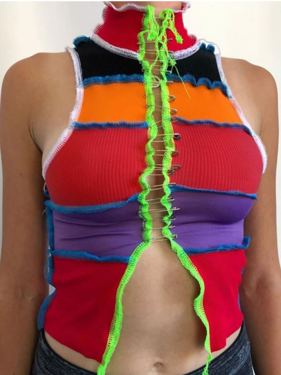 LovelyWholesale Line Stitching Cloth Pin Patchwork Camisole Summer Street Patchwork Spring Summer 2024