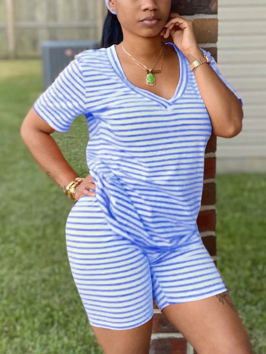 

Lovely Casual V Neck Striped Loose Blue Two Piece Shorts Set