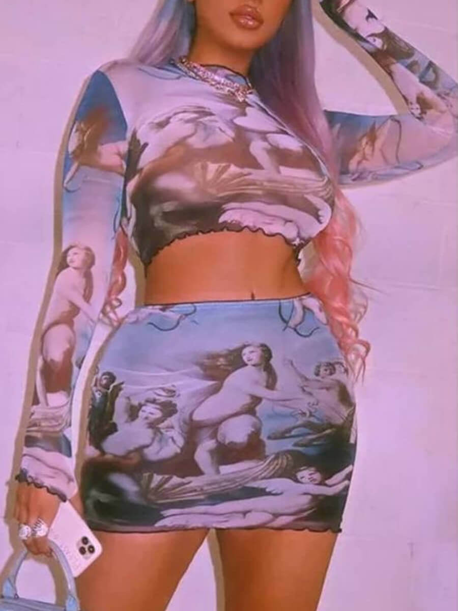 

Lovely Plus Size Chic Mandarin Collar Graffiti Print Baby Blue Two-piece Skirt Set