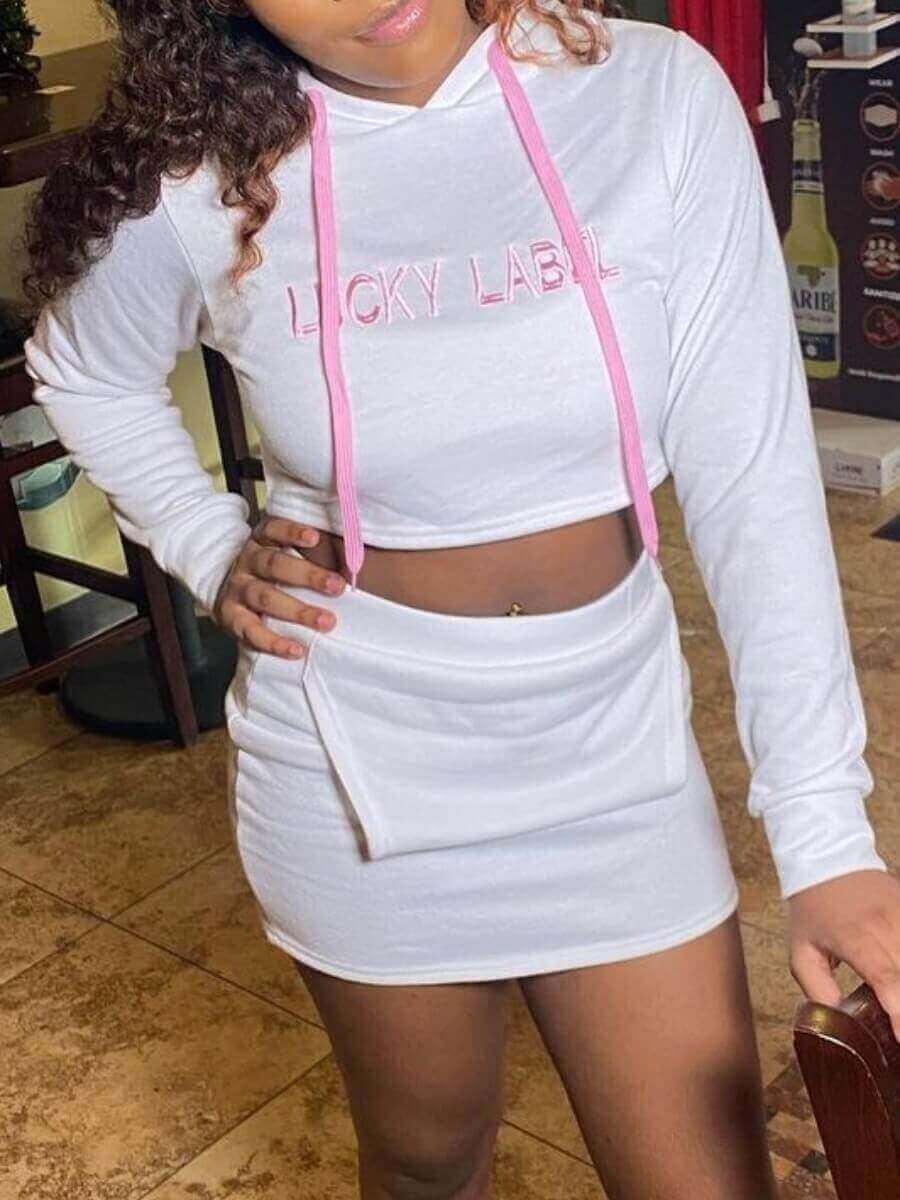 

LW BASICS Casual Hooded Collar Letter Print White Two Piece Skirt Set
