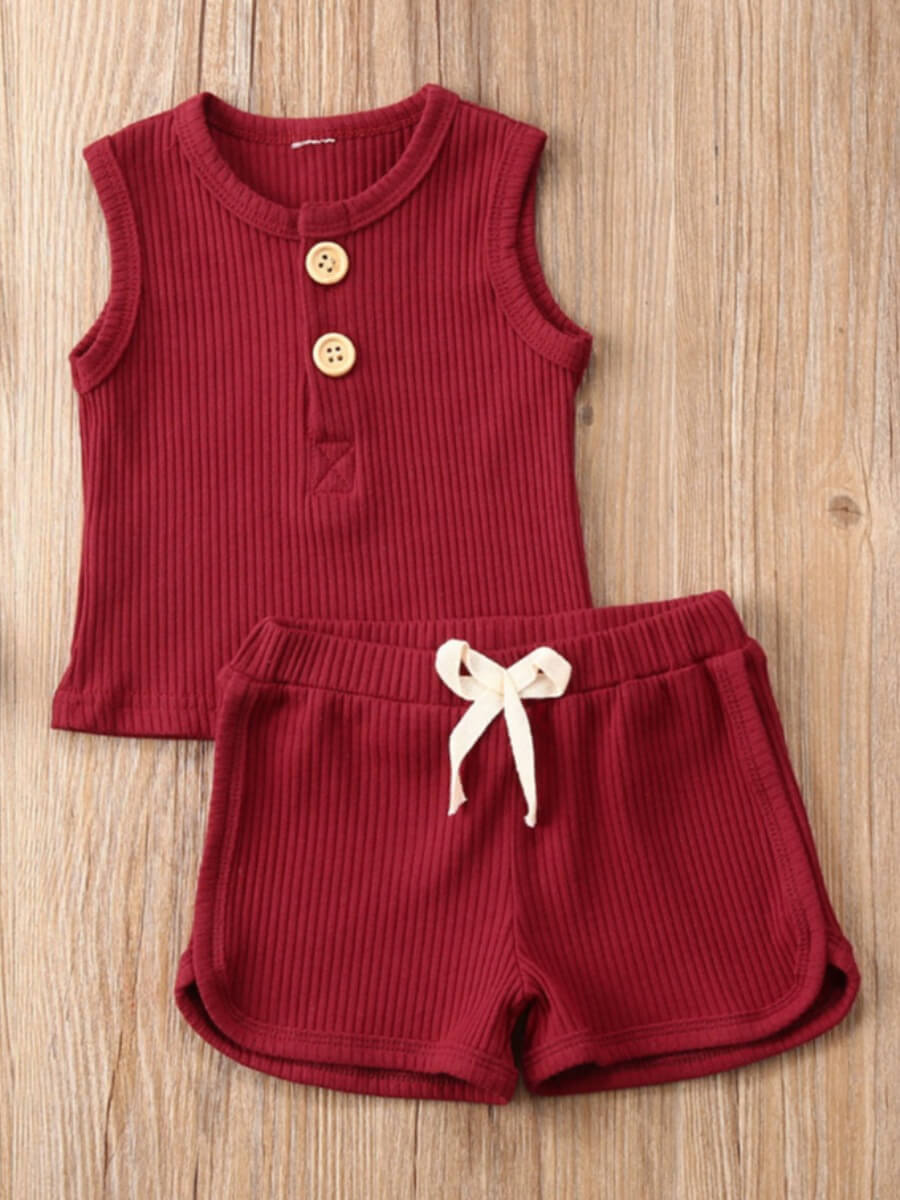 

Lovely Casual Rib-Knit Button Design Drawstring Wine Red Girl Two Piece Shorts Set