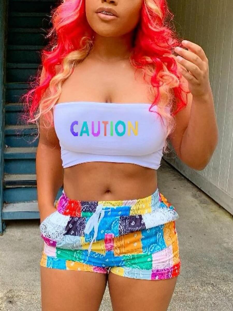 

LW Street Letter Print Color-lump Patchwork Multicolor Two Piece Shorts Set, Multi