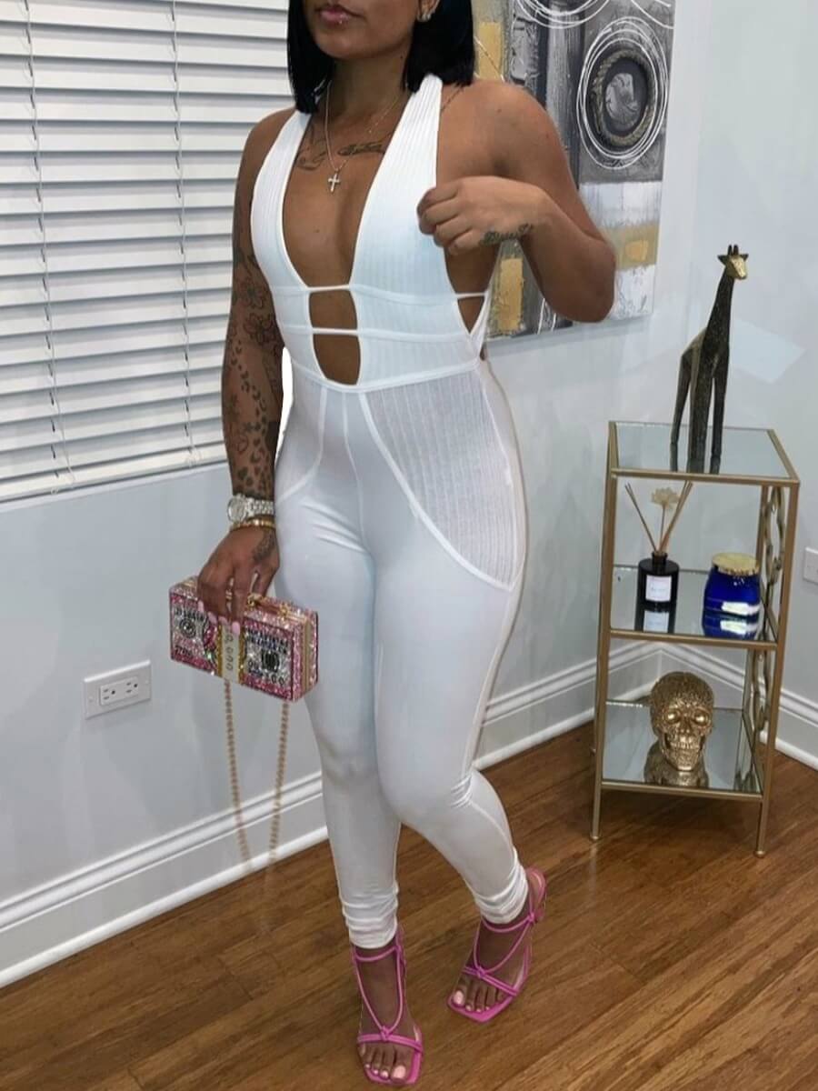 

Lovely Sexy V Neck Hollow-out White One-piece Jumpsuit