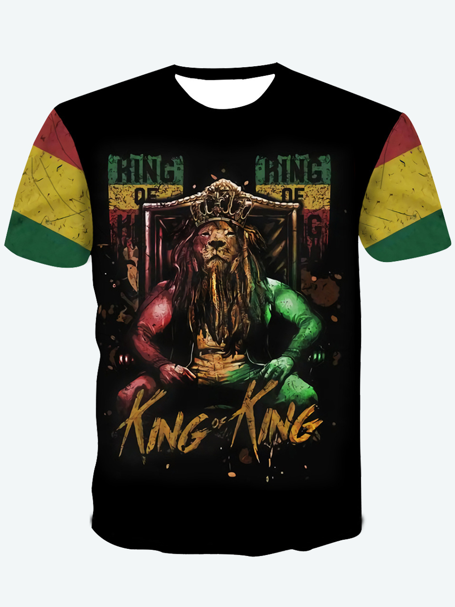 LW Casual Lion Letter Print Patchwork Black Men T-shirt